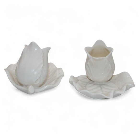 Vintage White Ceramic Tulip & Leaf Candle Holders - Picture 4 of 6